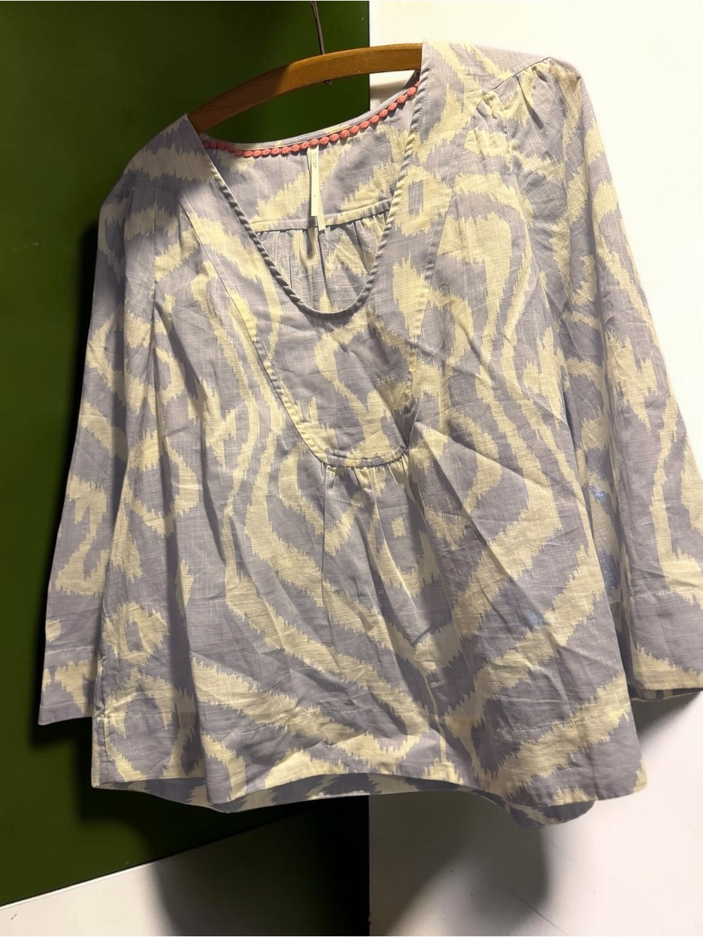 By Anthropologie Ikat Print Blouse Purple White Pom Pom Trim Size S
